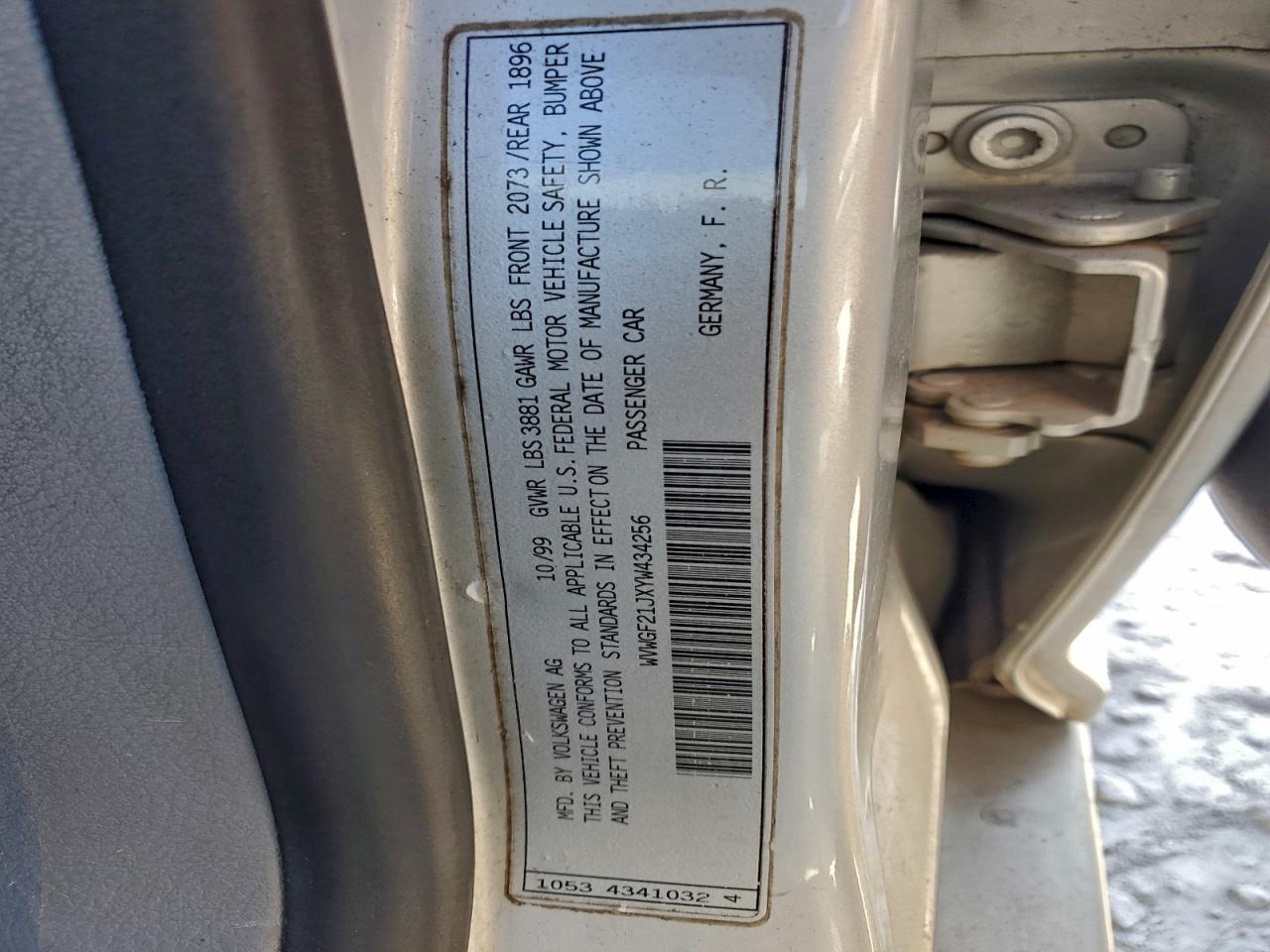 2000 Volkswagen Golf Gls Tdi VIN: WVWGF21JXYW434256 Lot: 95790335