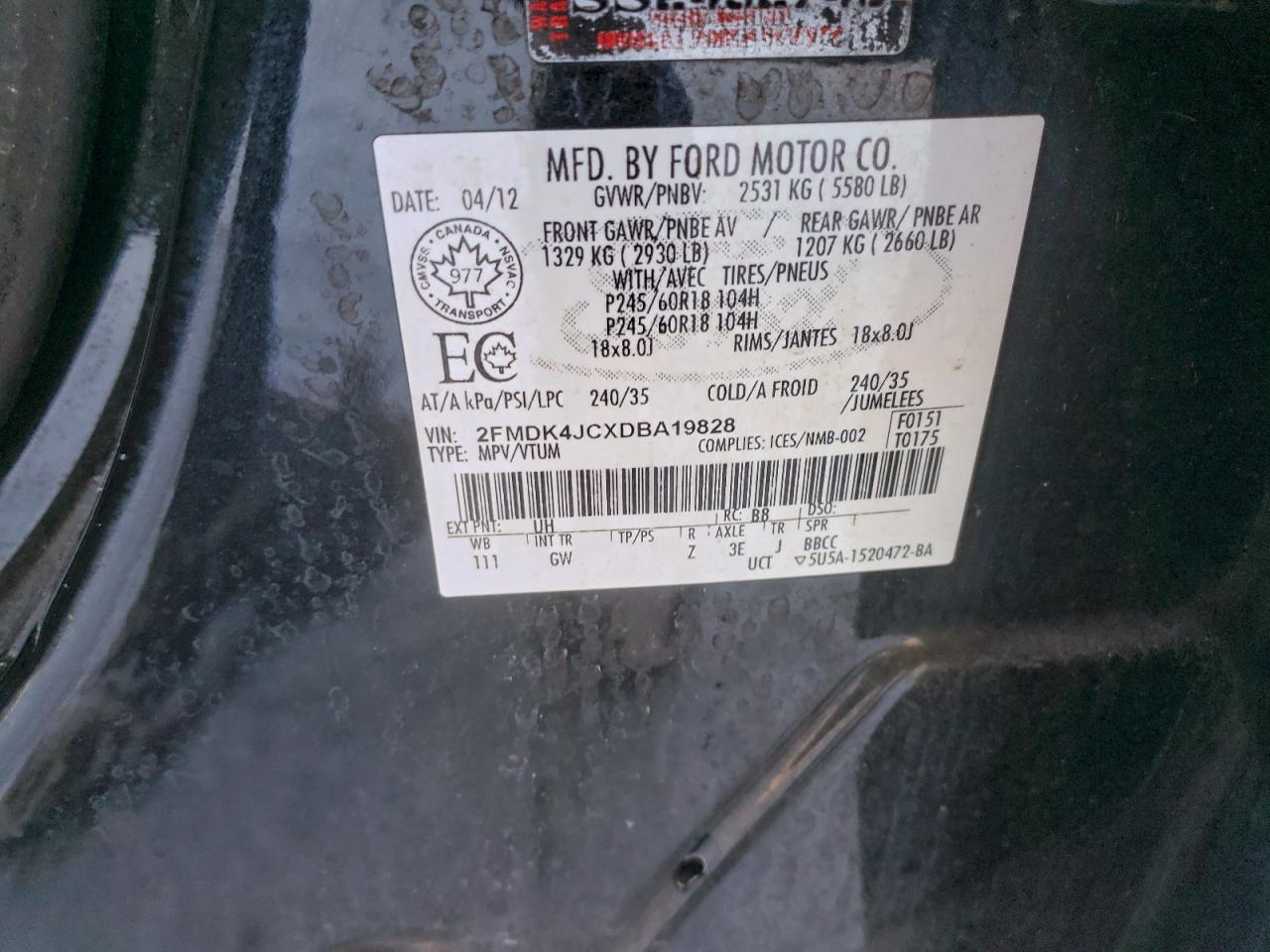 2013 Ford Edge Sel VIN: 2FMDK4JCXDBA19828 Lot: 94978595