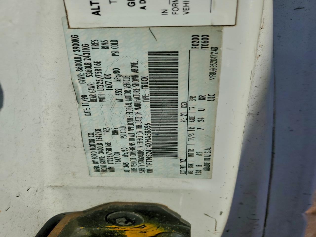 1999 Ford Econoline E250 Van VIN: 1FTNS24L4XHA58656 Lot: 96313335