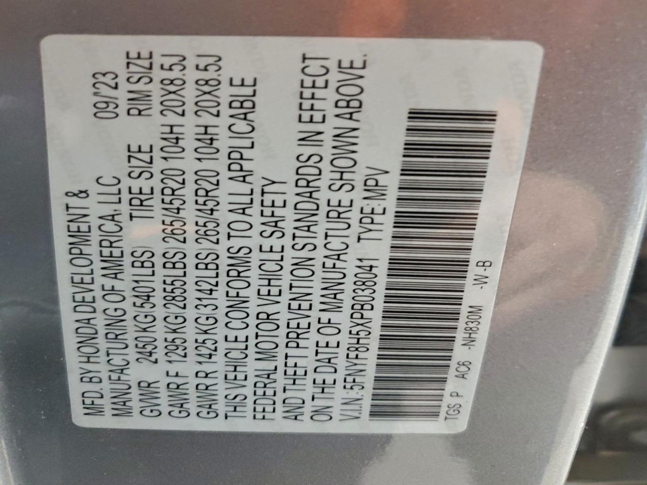 2023 Honda Passport Exl VIN: 5FNYF8H5XPB038041 Lot: 97824205