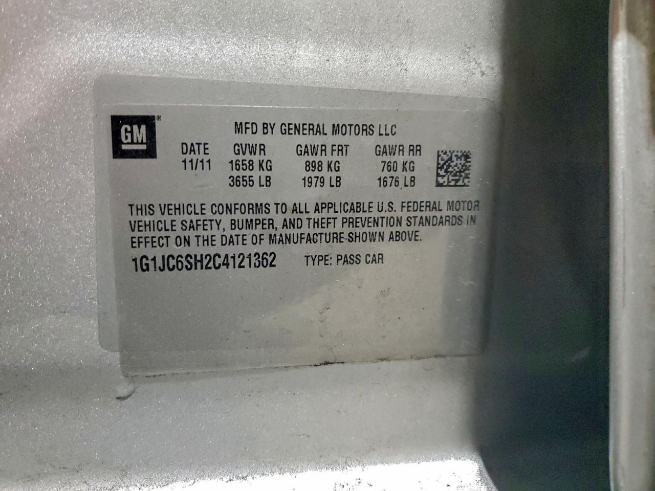 2012 Chevrolet Sonic Lt VIN: 1G1JC6SH2C4121362 Lot: 96320575