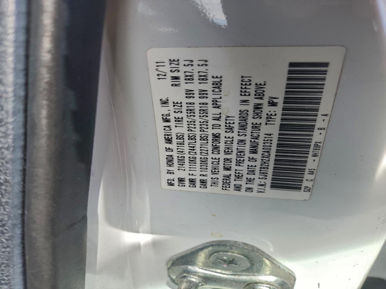 2012 Acura Rdx VIN: 5J8TB2H2XCA003514 Lot: 95485335