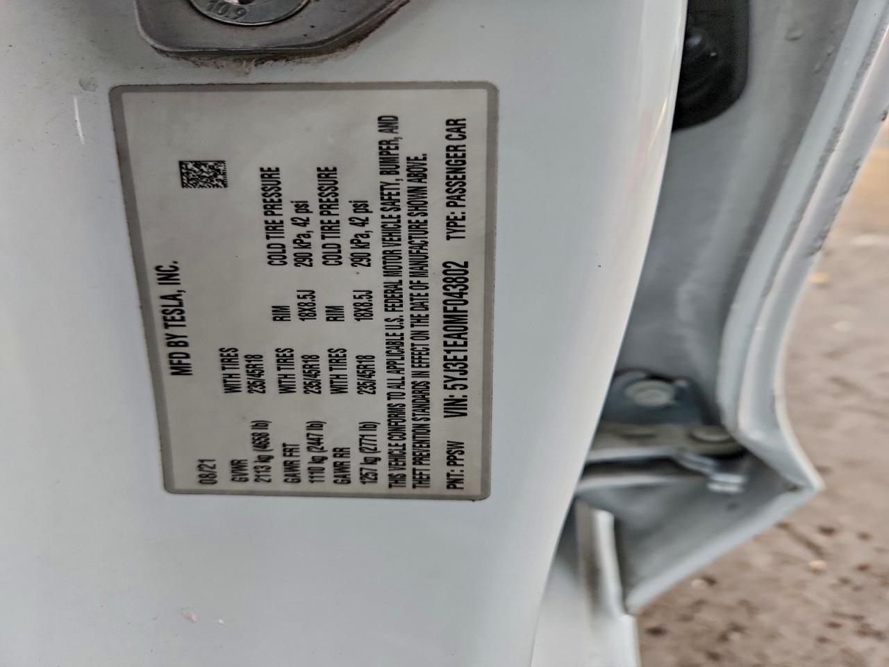 2021 Tesla Model 3 VIN: 5YJ3E1EA0MF043802 Lot: 95349055