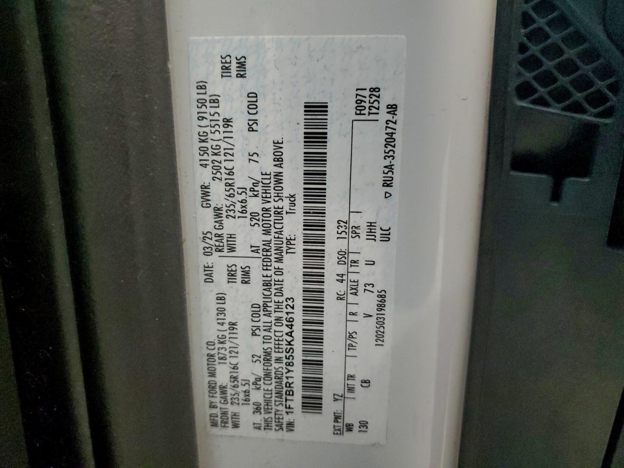 2025 Ford Transit T-250 VIN: 1FTBR1Y85SKA46123 Lot: 96135925