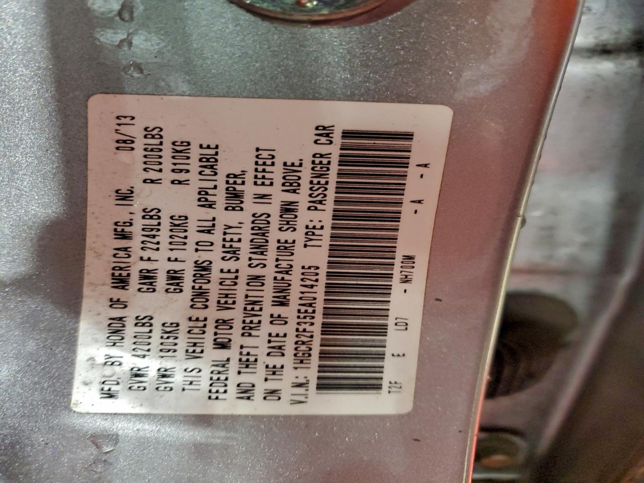 2014 Honda Accord Lx VIN: 1HGCR2F35EA014205 Lot: 94351165