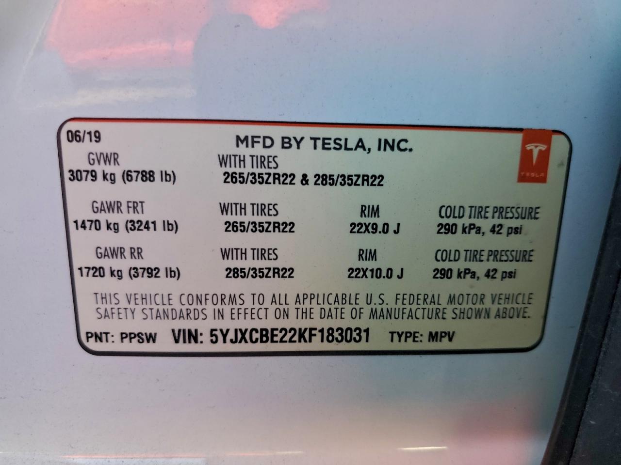 2019 Tesla Model X VIN: 5YJXCBE22KF183031 Lot: 94515015