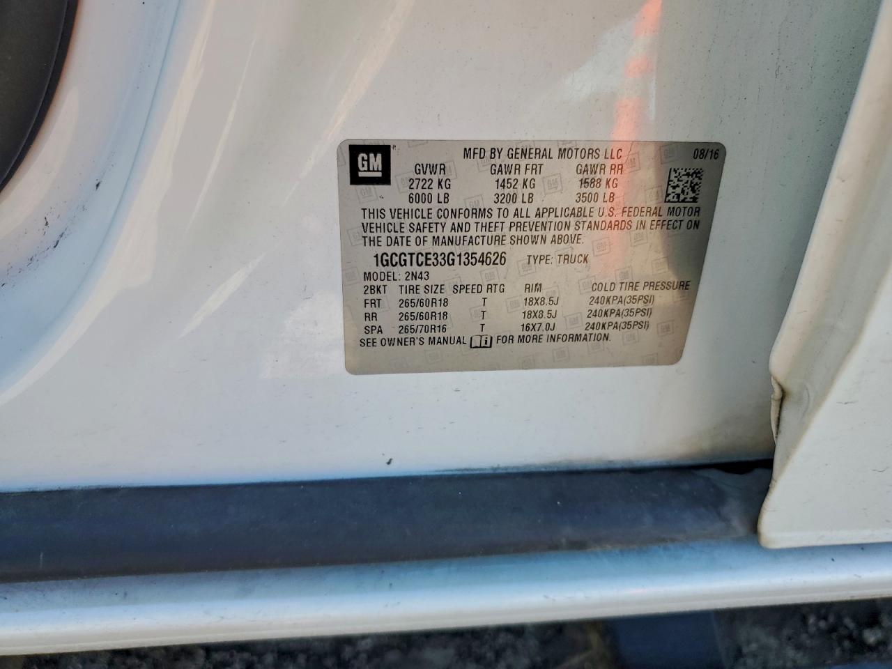 2016 Chevrolet Colorado Lt VIN: 1GCGTCE33G1354626 Lot: 96123535