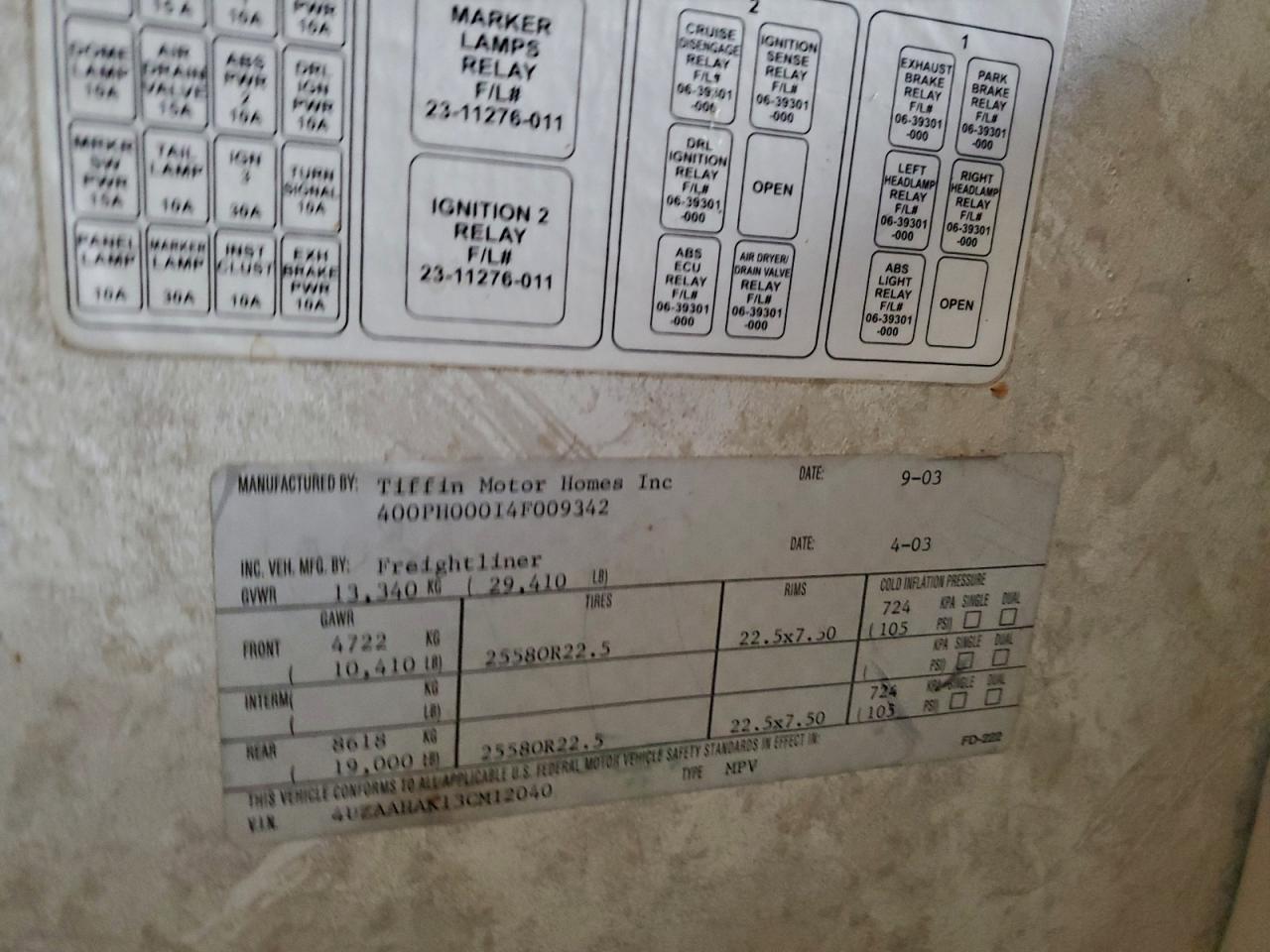 2003 Freightliner Chassis X Line Motor Home VIN: 4UZAAHAK13CM12040 Lot: 94695475