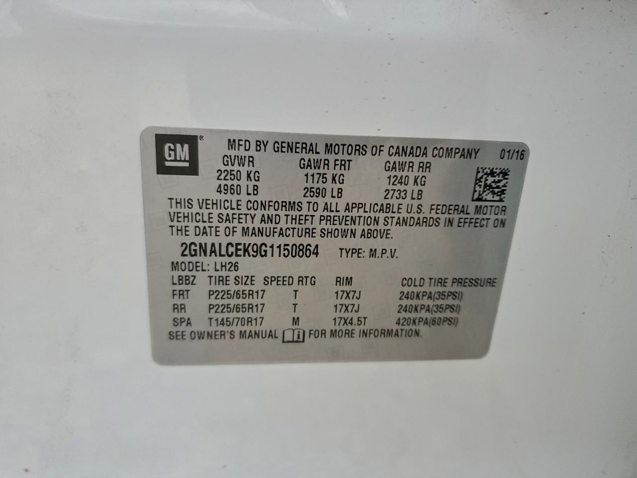 2016 Chevrolet Equinox Lt VIN: 2GNALCEK9G1150864 Lot: 97348555