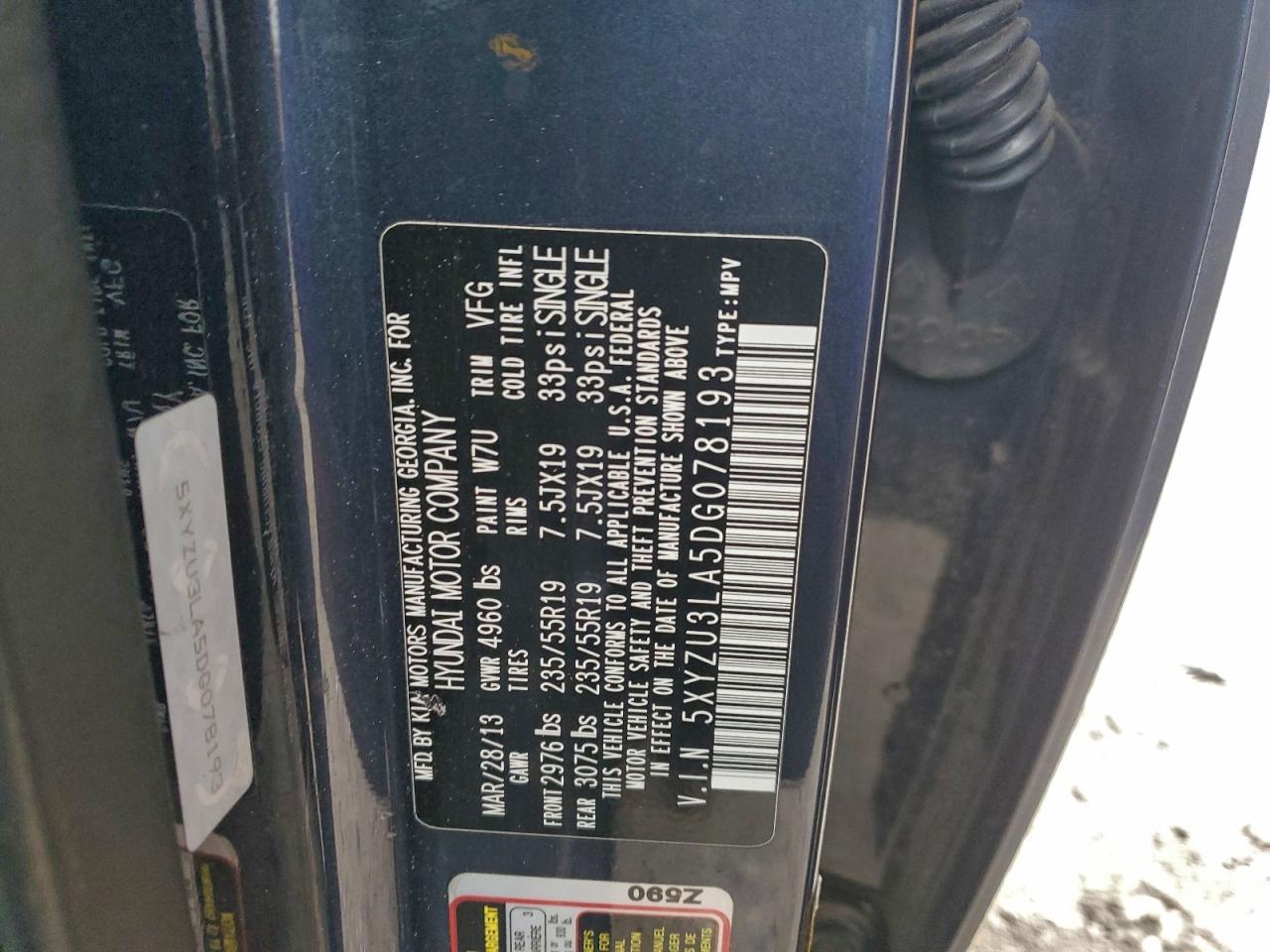 2013 Hyundai Santa Fe Sport VIN: 5XYZU3LA5DG078193 Lot: 96026485