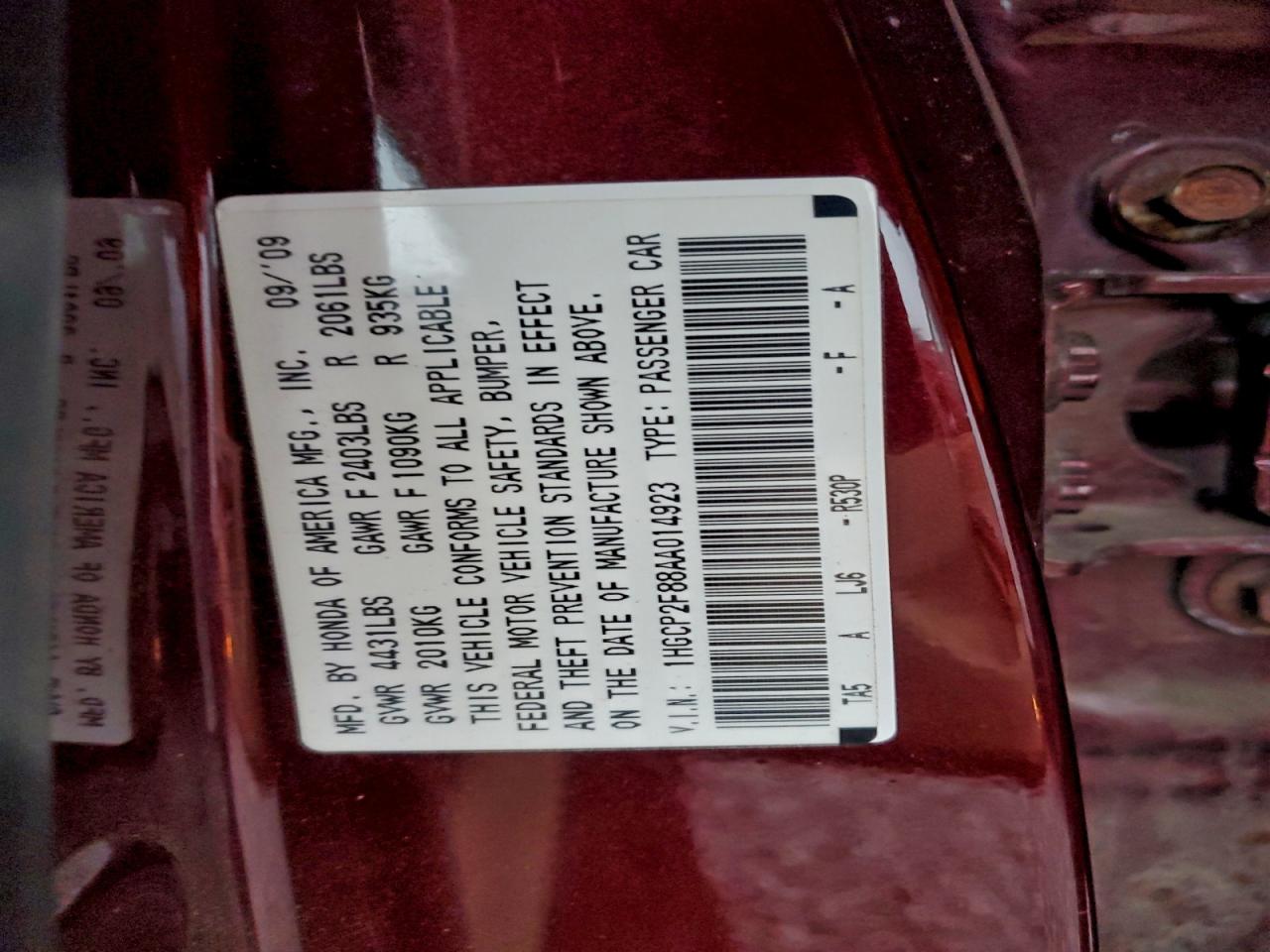 2010 Honda Accord Exl VIN: 1HGCP2F88AA014923 Lot: 94288775