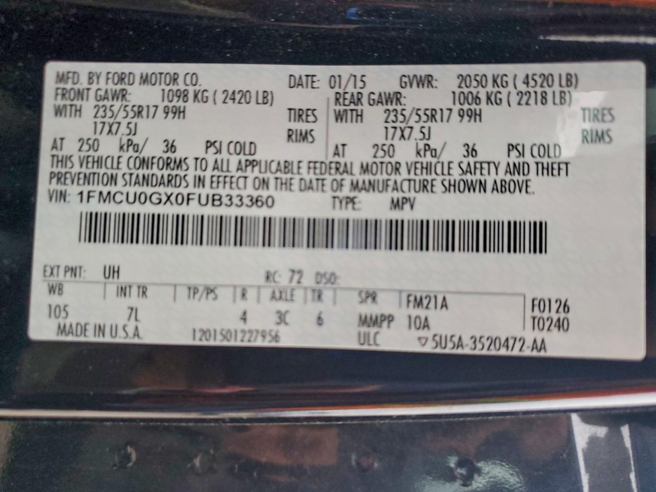 2015 Ford Escape Se VIN: 1FMCU0GX0FUB33360 Lot: 97535585