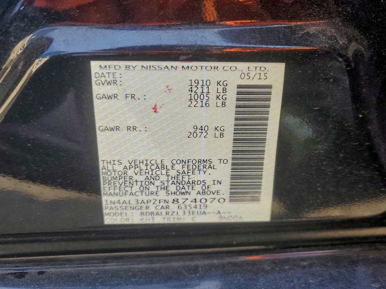 2015 Nissan Altima 2.5 VIN: 1N4AL3AP2FN874070 Lot: 96225045