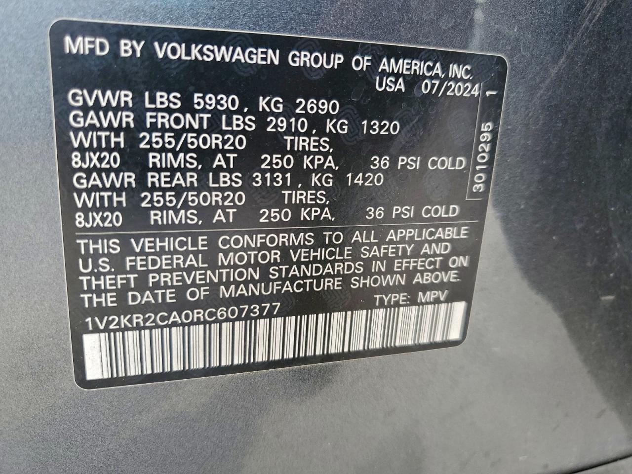 2024 Volkswagen Atlas Se VIN: 1V2KR2CA0RC607377 Lot: 96512475
