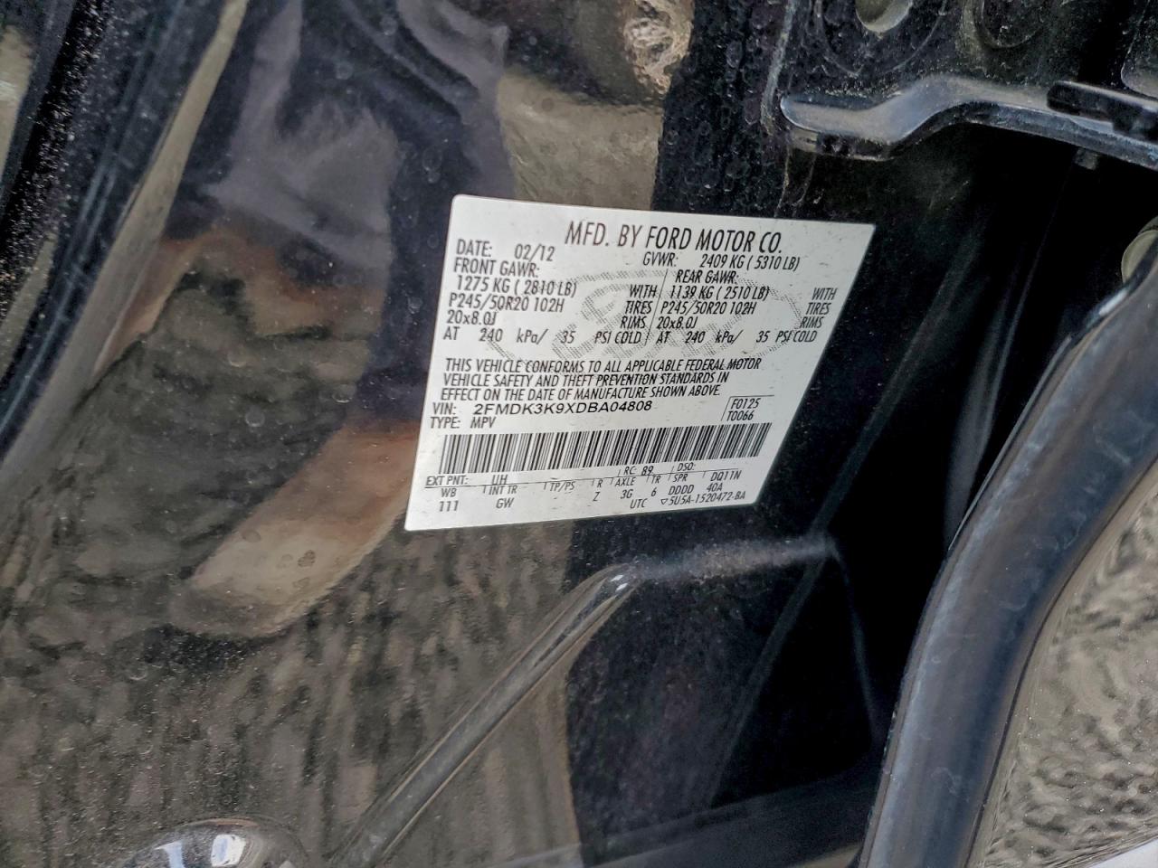 2013 Ford Edge Limited VIN: 2FMDK3K9XDBA04808 Lot: 95202835