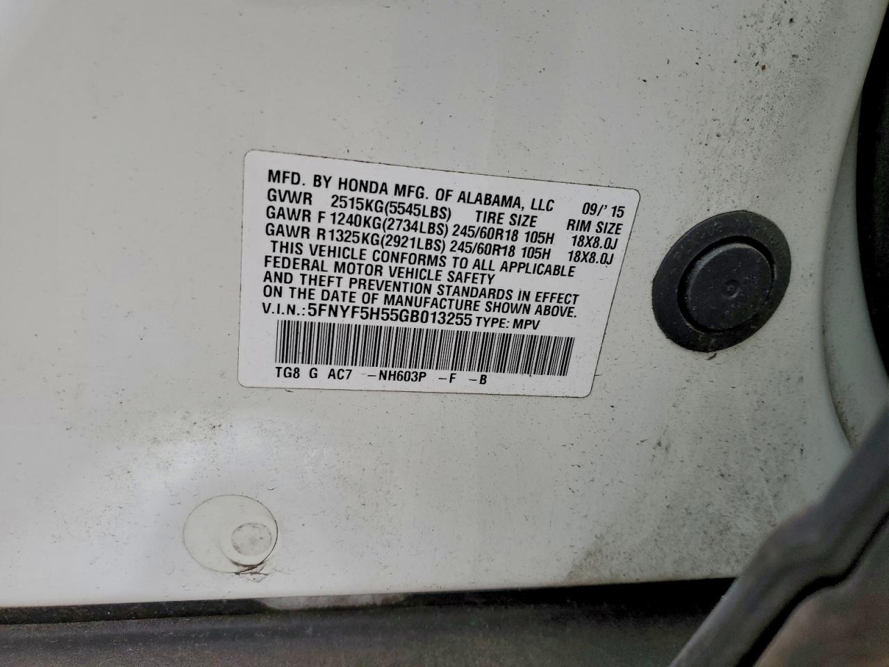 2016 Honda Pilot Exl VIN: 5FNYF5H55GB013255 Lot: 95312535