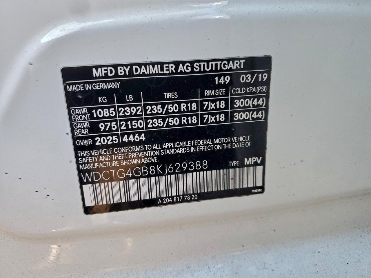 2019 Mercedes-Benz Gla 250 4Matic VIN: WDCTG4GB8KJ629388 Lot: 96919725