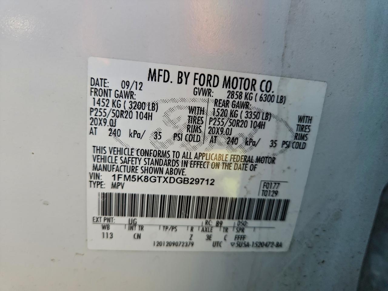 2013 Ford Explorer Sport VIN: 1FM5K8GTXDGB29712 Lot: 94785335