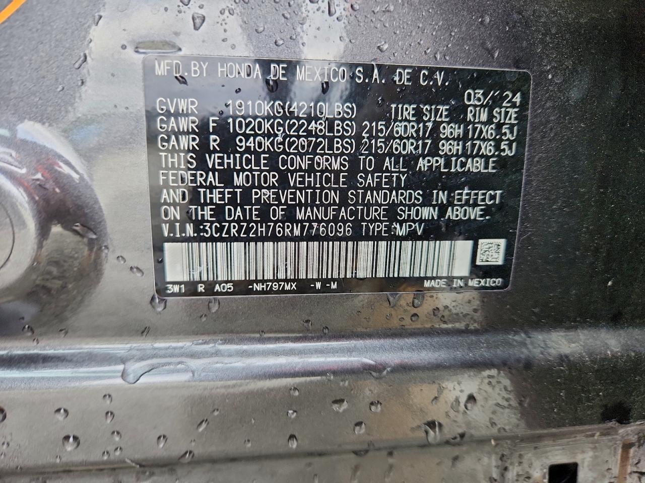 2024 Honda Hr-V Exl VIN: 3CZRZ2H76RM776096 Lot: 95854945