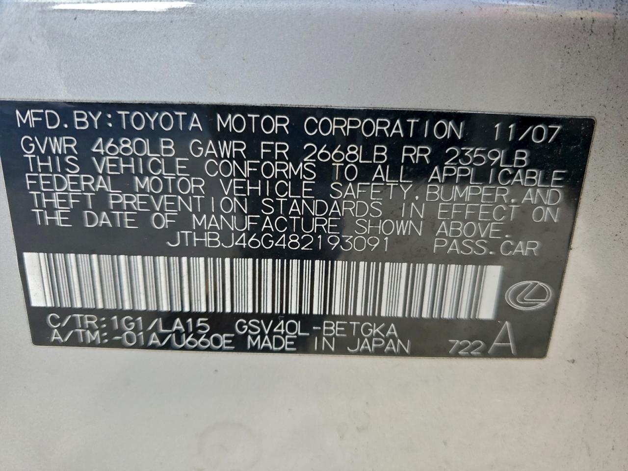 2008 Lexus Es 350 VIN: JTHBJ46G482193091 Lot: 93527535