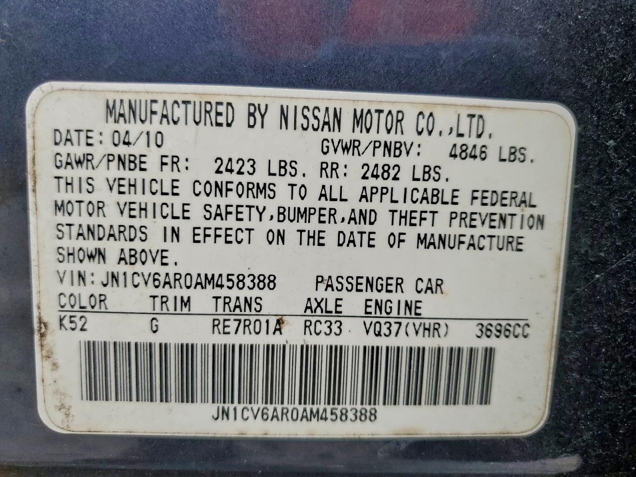 2010 Infiniti G37 VIN: JN1CV6AR0AM458388 Lot: 97998325