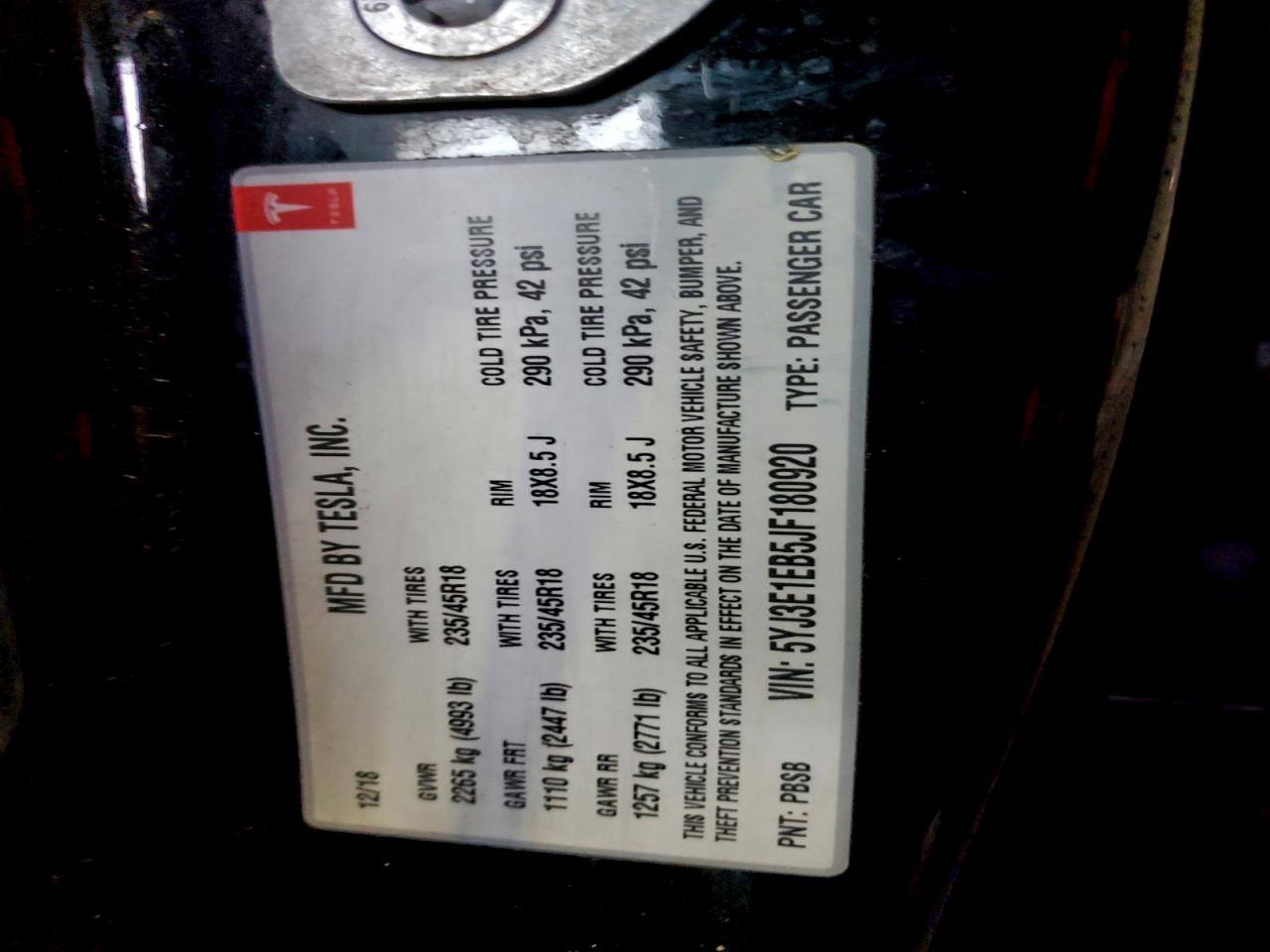 2018 Tesla Model 3 VIN: 5YJ3E1EB5JF180920 Lot: 85501085