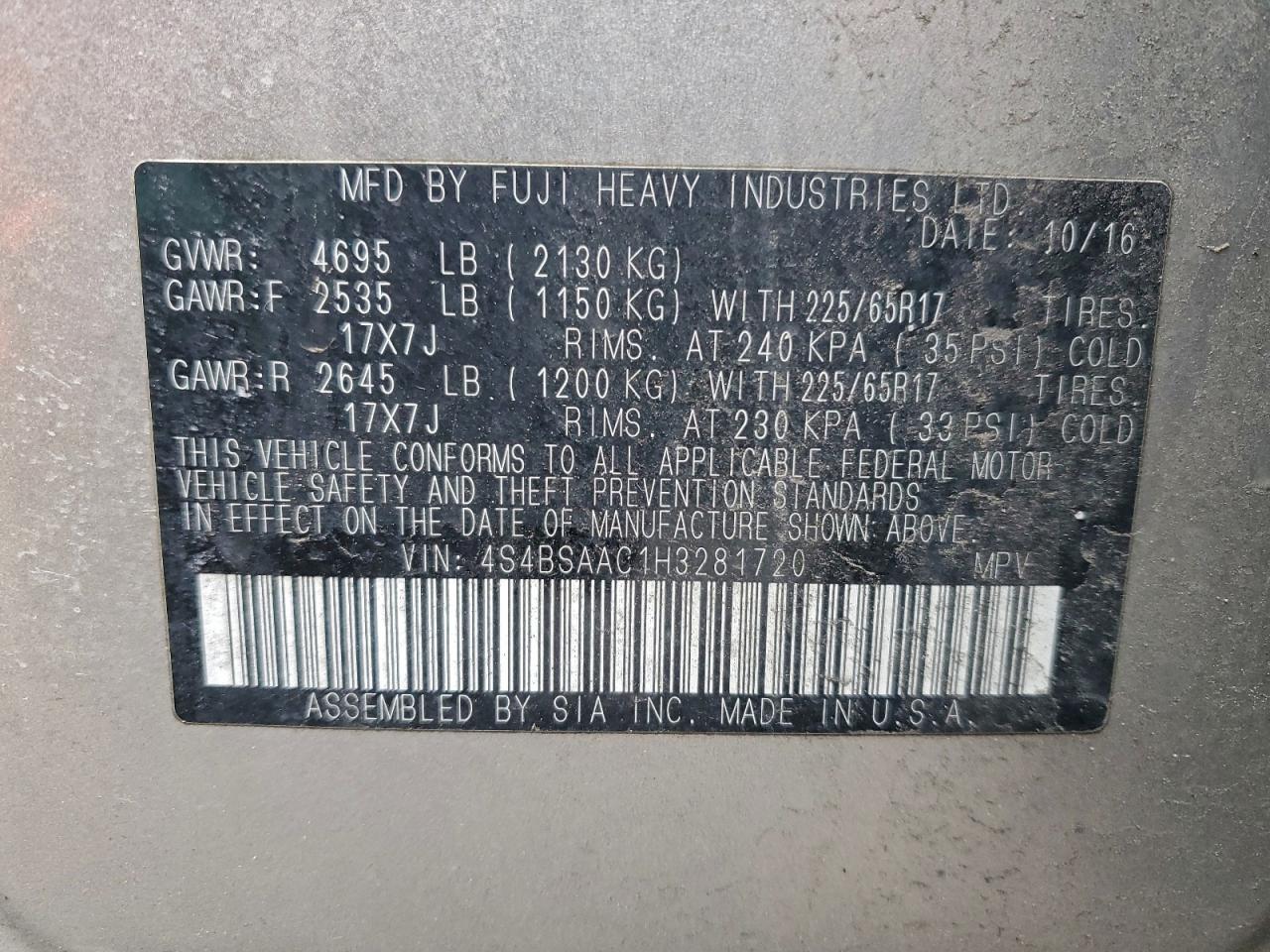 2017 Subaru Outback 2.5I VIN: 4S4BSAAC1H3281720 Lot: 96351785