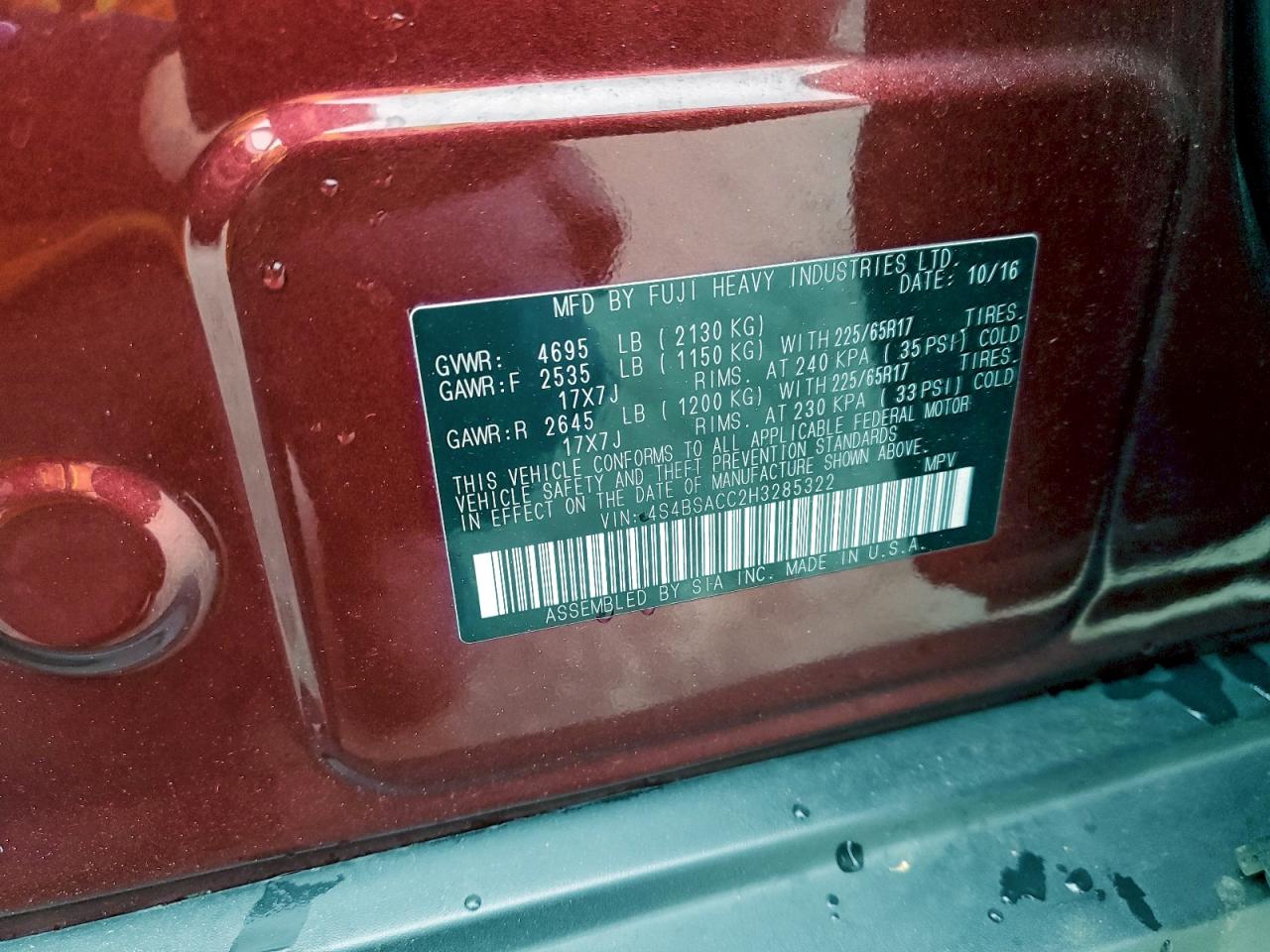 2017 Subaru Outback 2.5I Premium VIN: 4S4BSACC2H3285322 Lot: 97010245