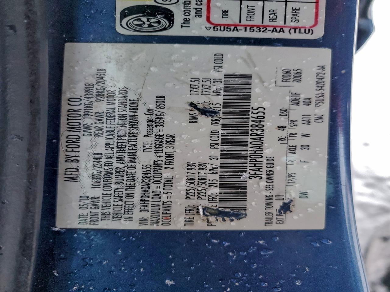 2010 Ford Fusion Se VIN: 3FAHP0HA0AR384655 Lot: 94776815