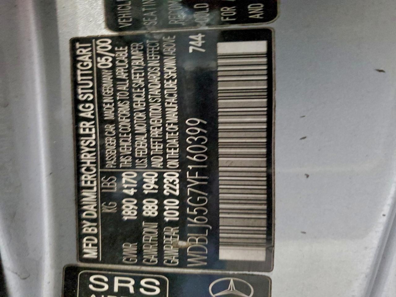 2000 Mercedes-Benz Clk 320 VIN: WDBLJ65G7YF160399 Lot: 94690065