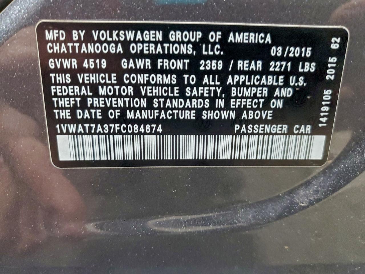 2015 Volkswagen Passat S VIN: 1VWAT7A37FC084674 Lot: 96477895