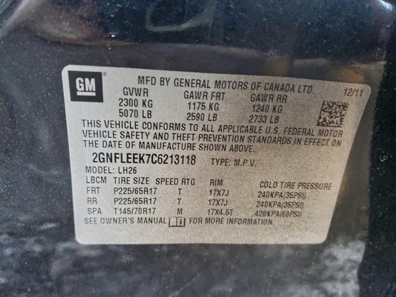 2012 Chevrolet Equinox Lt VIN: 2GNFLEEK7C6213118 Lot: 94687625