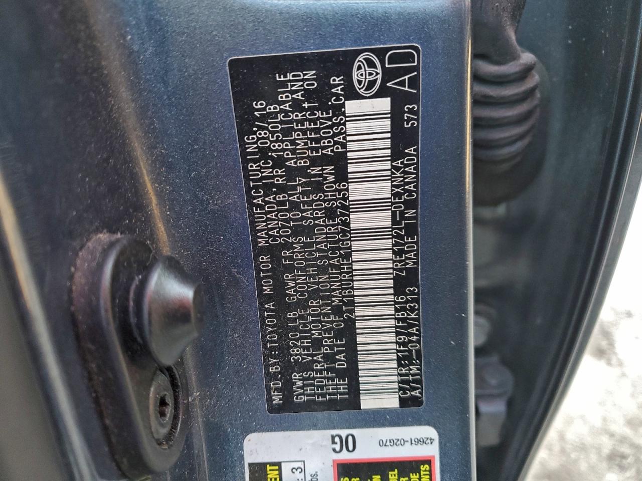 2016 Toyota Corolla L VIN: 2T1BURHE1GC737256 Lot: 95525895