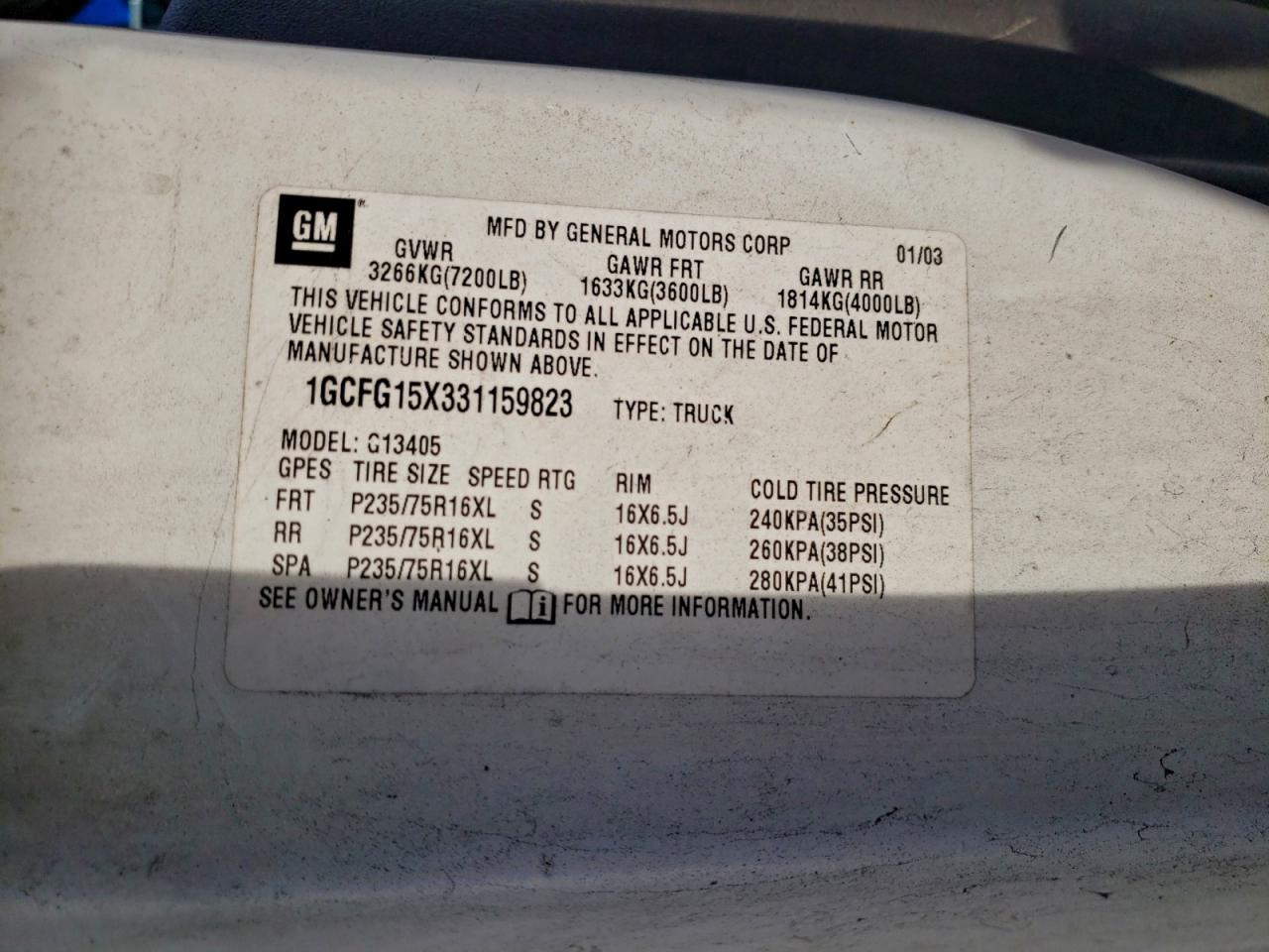 2003 Chevrolet Express G1500 Delivery Van VIN: 1GCFG15X331159823 Lot: 95272185