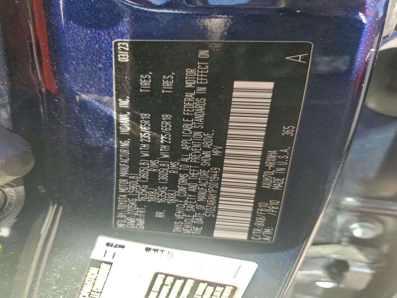 2023 Toyota Highlander Hybrid Le VIN: 5TDZARAH1PS019449 Lot: 95206015