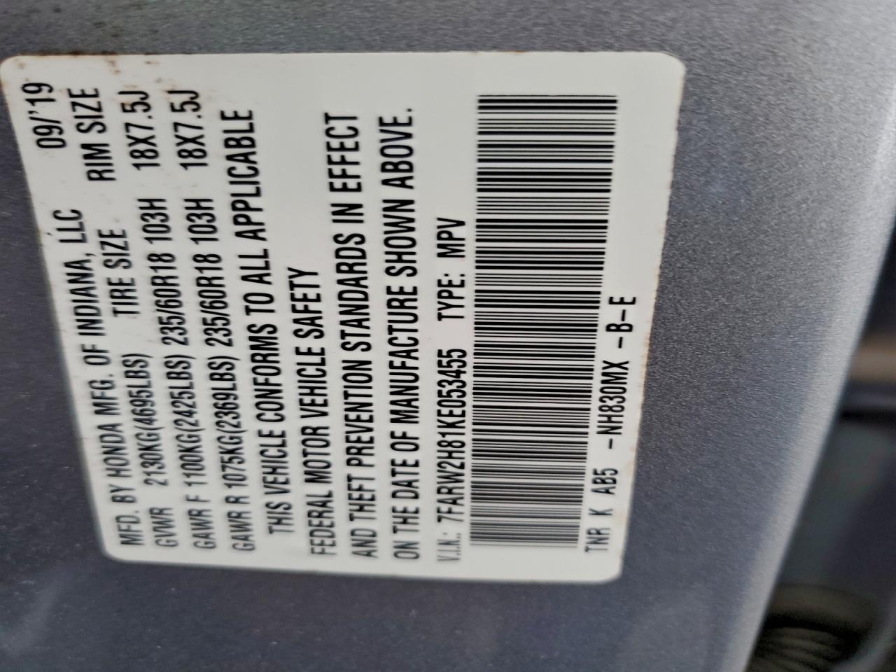 2019 Honda Cr-V Exl VIN: 7FARW2H81KE053455 Lot: 95303735