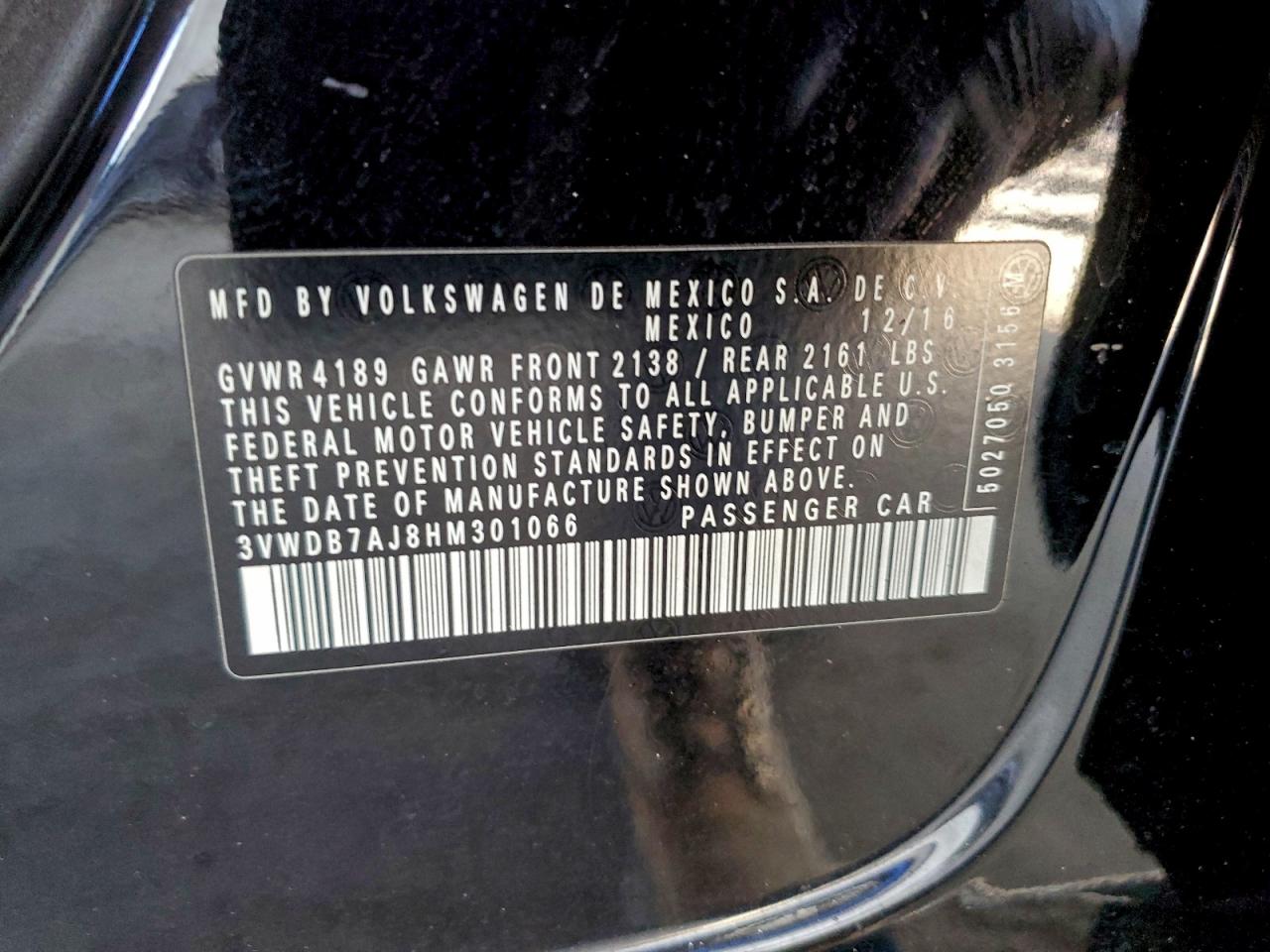 2017 Volkswagen Jetta Se VIN: 3VWDB7AJ8HM301066 Lot: 95147185