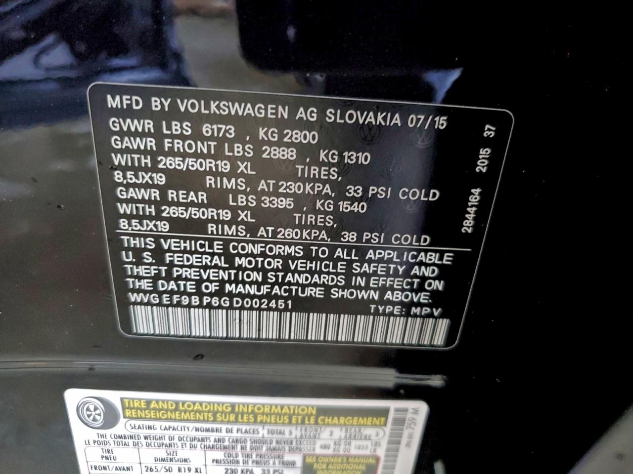 2016 Volkswagen Touareg Sport VIN: WVGEF9BP6GD002451 Lot: 94980525