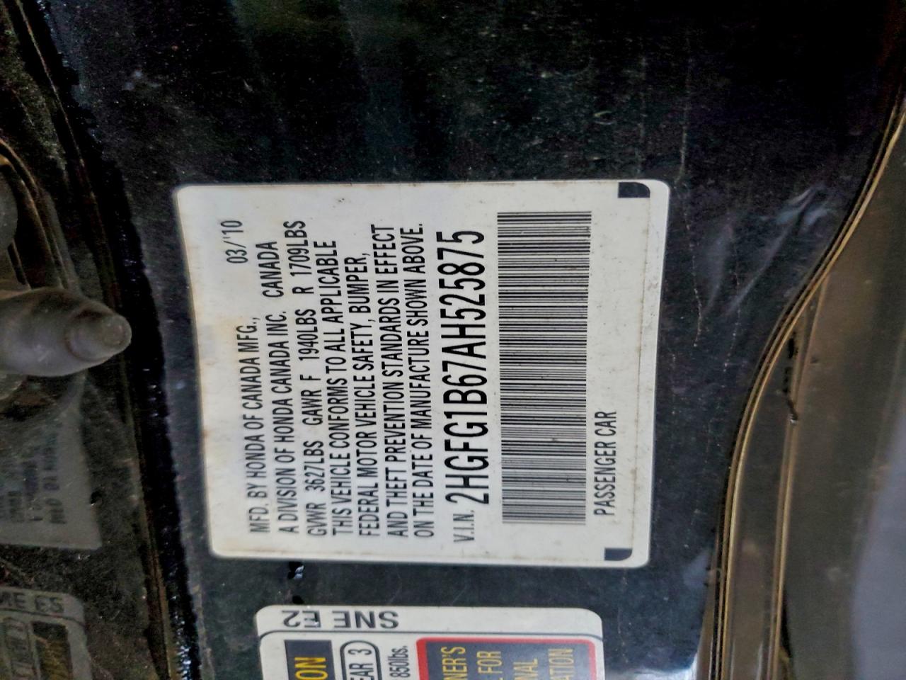 2010 Honda Civic Lx VIN: 2HGFG1B67AH525875 Lot: 95222395