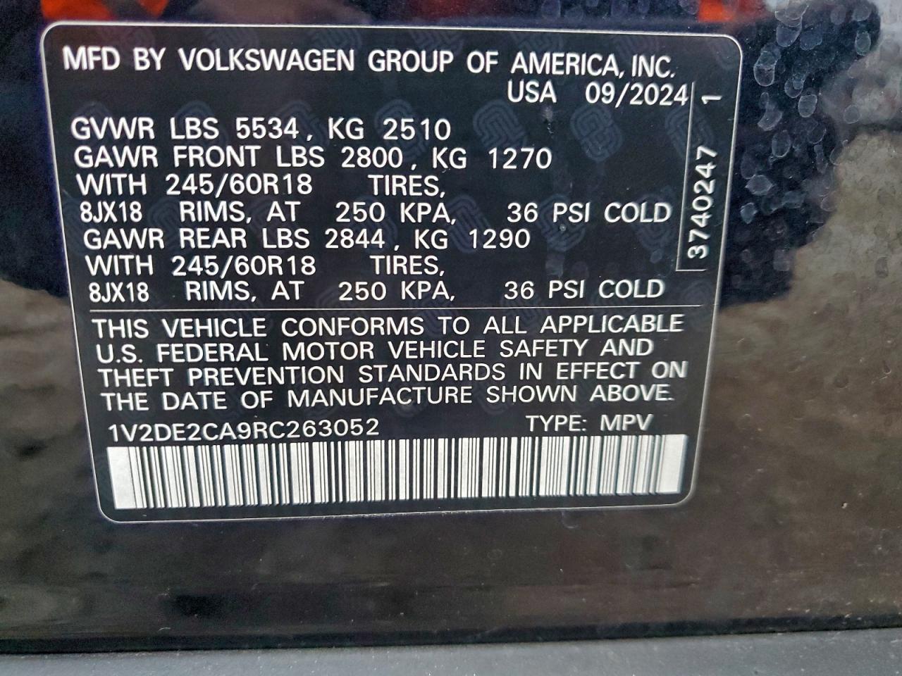 2024 Volkswagen Atlas Cross Sport Se VIN: 1V2DE2CA9RC263052 Lot: 94371175