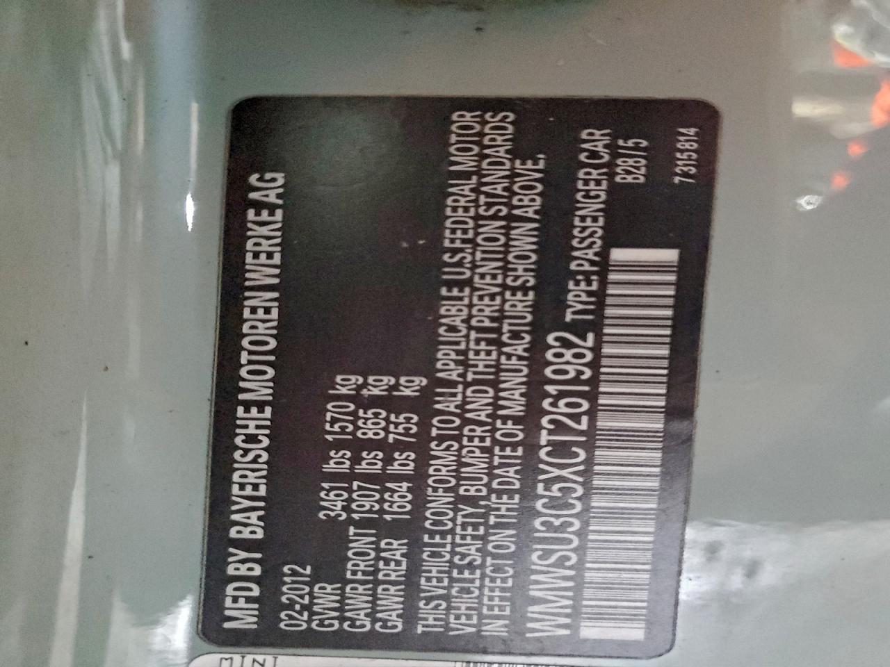 2012 Mini Cooper VIN: WMWSU3C5XCT261982 Lot: 91084195