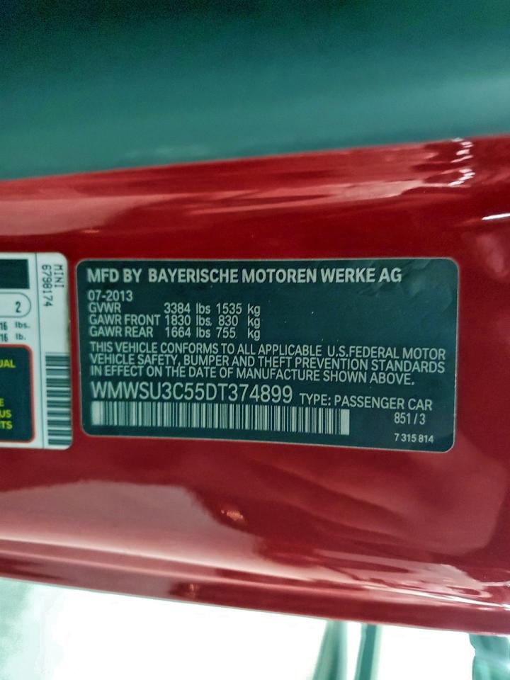 2013 Mini Cooper VIN: WMWSU3C55DT374899 Lot: 95313455