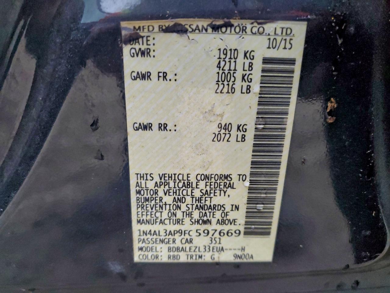 2015 Nissan Altima 2.5 VIN: 1N4AL3AP9FC597669 Lot: 94662835