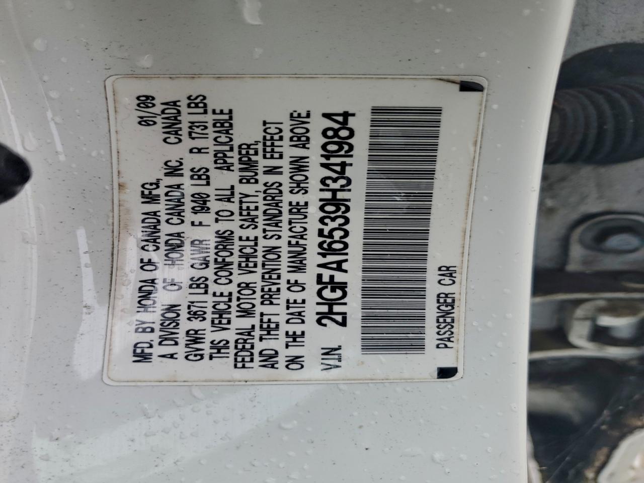 2009 Honda Civic Lx VIN: 2HGFA16539H341984 Lot: 95618125