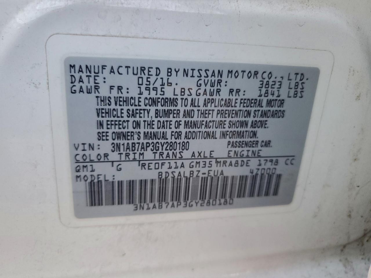 2016 Nissan Sentra S VIN: 3N1AB7AP3GY280180 Lot: 95068625