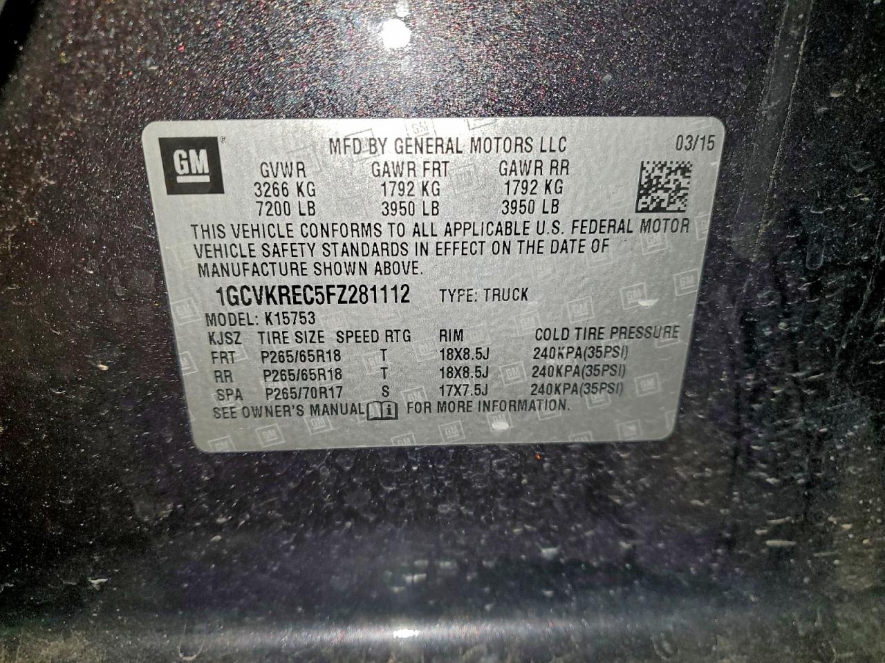 2015 Chevrolet Silverado K1500 Lt VIN: 1GCVKREC5FZ281112 Lot: 95966295