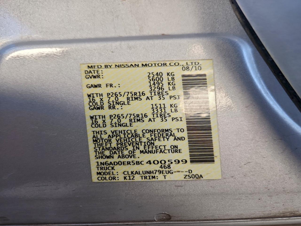 2011 Nissan Frontier S VIN: 1N6AD0ER5BC400599 Lot: 94683195