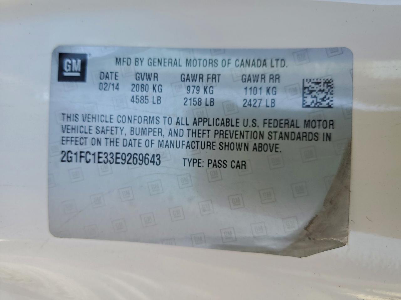 2014 Chevrolet Camaro Lt VIN: 2G1FC1E33E9269643 Lot: 95566825