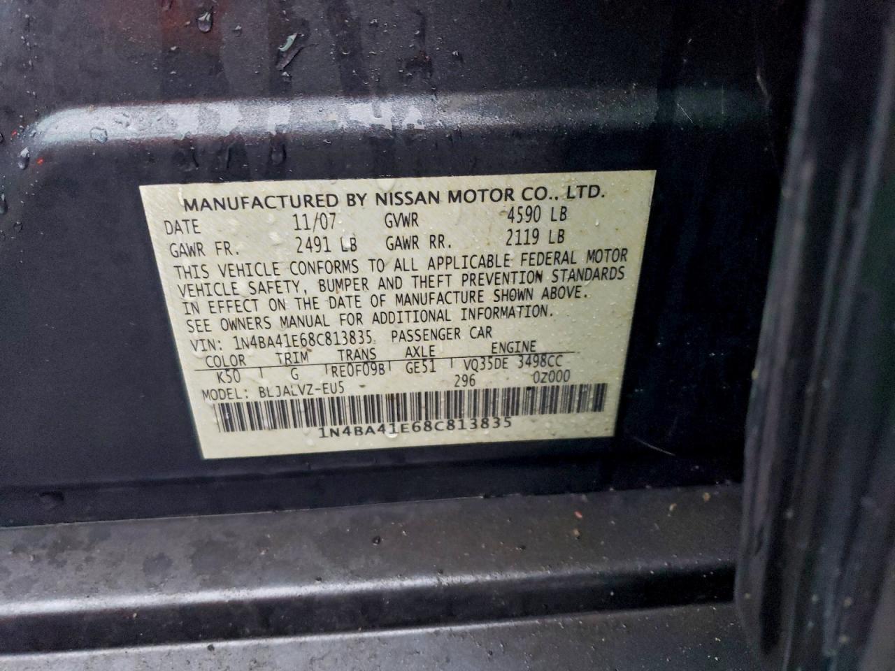 2008 Nissan Maxima Se VIN: 1N4BA41E68C813835 Lot: 95181105