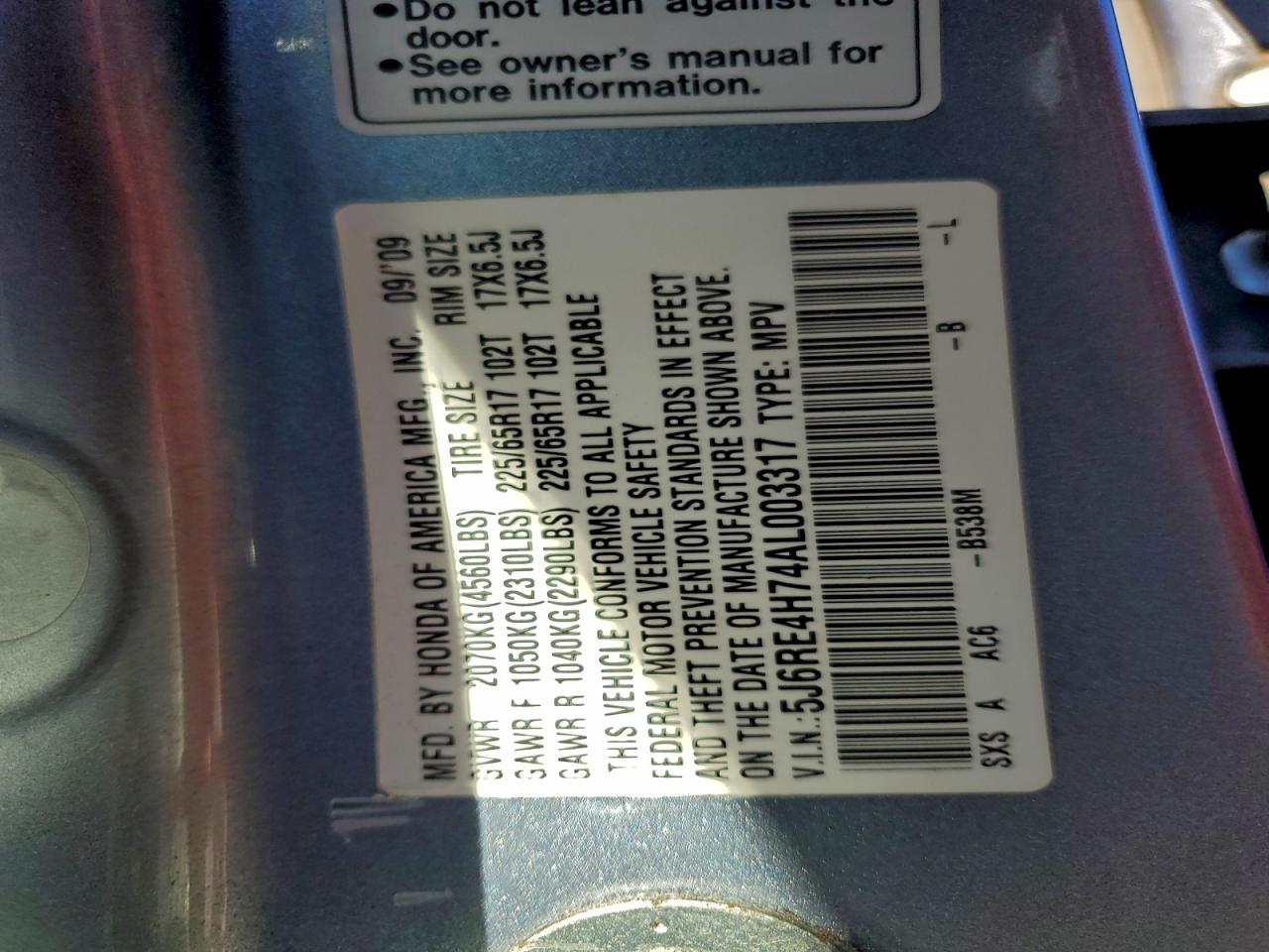 2010 Honda Cr-V Exl VIN: 5J6RE4H74AL003317 Lot: 95552525